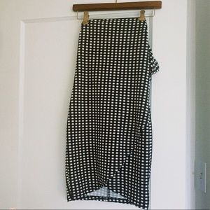 Off the shoulder black and white check dress.